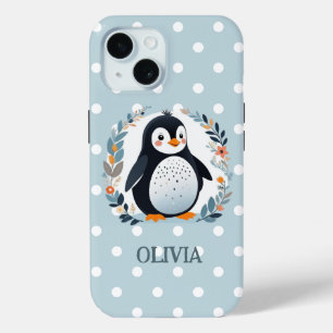 Coque Pour iPhone 15 Mignon manchot de dessin animé et fleurs