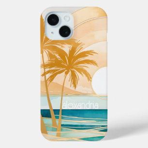 Coque Pour iPhone 15 Mignonne Boho Gold Abstrait Paysage De Plage Avec 