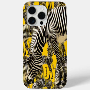 Coque iPhone 15 Pro Max Mignonne moutarde jaune troupeau de zèbres