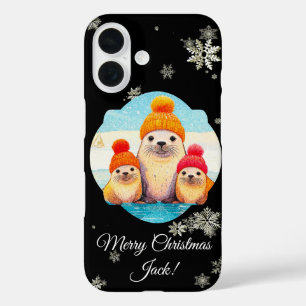 Coques iPhone 16 Mignons phoques au bonnet tricoté illustration de 