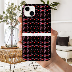 Coque Pour iPhone 14 Plus Mignons rubans roses romantiques et cœurs rouges,