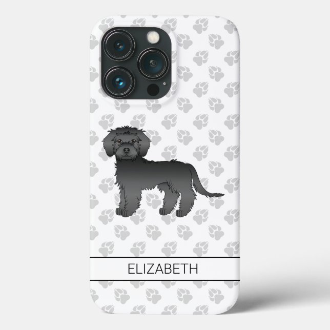 Coques Case-Mate iPhone Mini noir Goldendoodle dessin animé Chien et nom (Verso)
