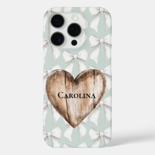 Coques iPhone 16 Pro Mint Green Boho Bows Faux Wood Heart