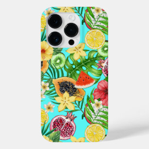 Coque Pour iPhone 14 Pro Mix-fruit tropical, fleurs et feuilles en bleu