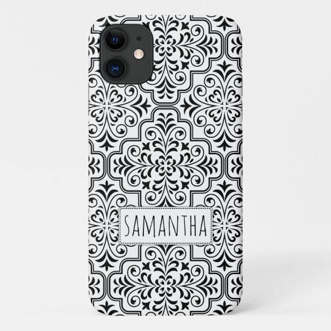 Coques Case-Mate iPhone Modèle damassé noir, blanc personnalisé avec nom (Dos)