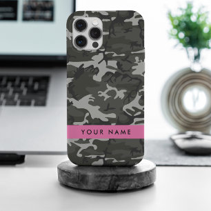 Coque iPhone 15 Pro Max Modèle de camouflage gris, Votre nom, Personnalise