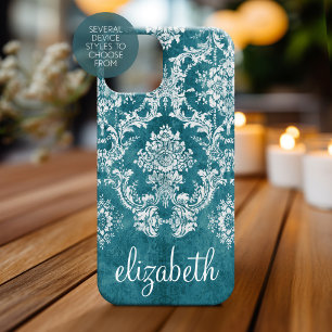 Coque Pour Pour iPhone 14 Pro Max Modèle de Damas gris turquoise Texte personnalis