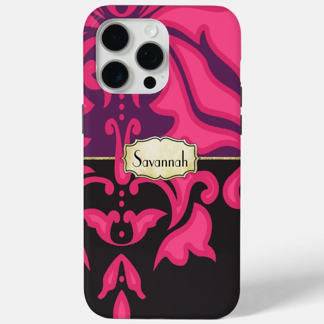 Coques Case-Mate iPhone Modèle de damas noir rose personnalisé (Verso)