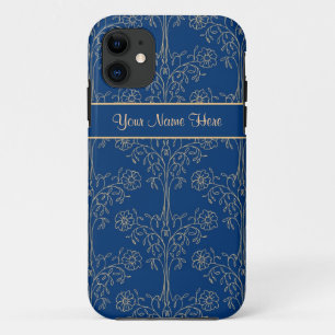Coque iPhone 11 Modèle Floral à effet or sur Arrière - plan bleu p