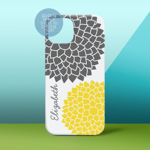 Coque iPhone 15 Pro Modèle floral moderne - gris et jaune