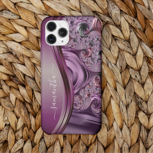 Coques Case-Mate iPhone Modern Fractal Purple Handwritten Name (Créateur téléchargé)