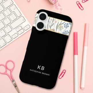 Coques iPhone 16 Modern Monogramm Cute Black Floral Pattern 