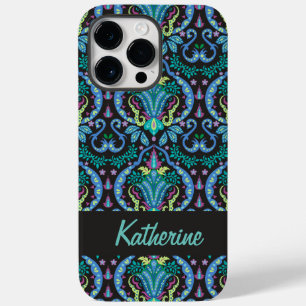 Coque Pour Pour iPhone 14 Pro Max Moderne Damask Art Déco Noir Turquoise Bleu Nom