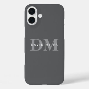 Coques iPhone 16 Plus Moderne Élégant Gris Foncé Monogramme & Nom