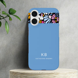 Coques iPhone 16 Moderne Élégant Motif Floral Bleu Noir 