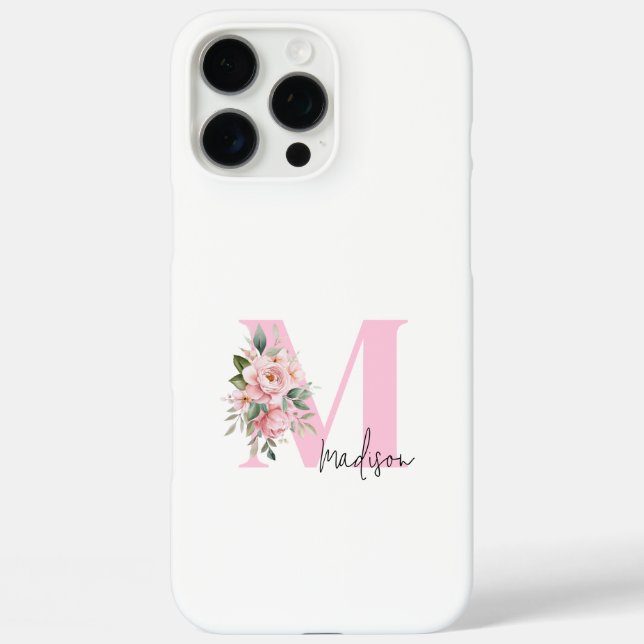 Coques Case-Mate iPhone Moderne Élégant rose Floral Nom initial Monogramme (Verso)