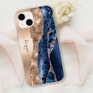 Coque Pour iPhone 14 Moderne Indigo Blue Agate & Rose Gold Confetti Lea