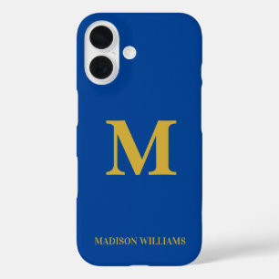Coques iPhone 16 Moderne Monogramme Chic Bleu Or Style minimaliste