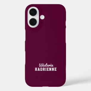 Coques iPhone 16 Moderne Prune Bourguignon Monogramme Blanc Nom de