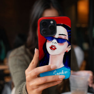 Coques iPhone 16 Pro Moderne tendance Rouge bleu ville fille sur mesure