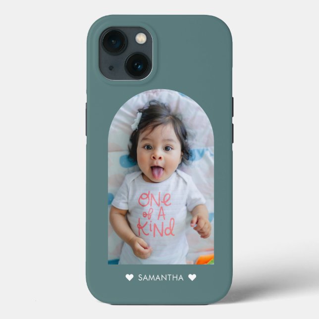 Coques Case-Mate iPhone Moderne Turquoise Hearts Nom Arch Photo de famille (Verso)