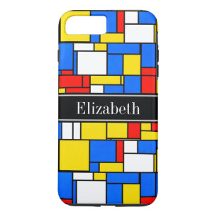 Coque iPhone 7 Plus Mondrik Style Rouge Bleu Jaune Noir Nom Monogramme