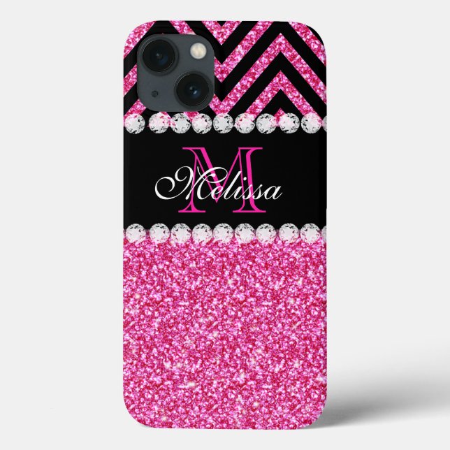 Coques Case-Mate iPhone Mongram de Pink Glitter Black Chevron (Verso)