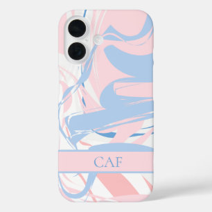 Coques iPhone 16 Monogram Blue White Pink Marble Swirl