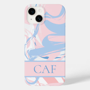 Coque Pour iPhone 14 Monogram Blue White Pink Marble Swirl