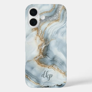 Coques iPhone 16 Monogram Blue White Silver Gold Marble Swirl