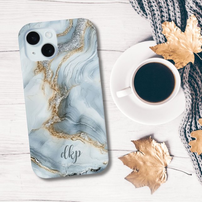 Coques Case-Mate iPhone Monogram Blue White Silver Gold Marble Swirl (Blue White Silver gold Marble Swirl Monogrammed name initials iPhone 15, 15, 13 14 12 11 case)