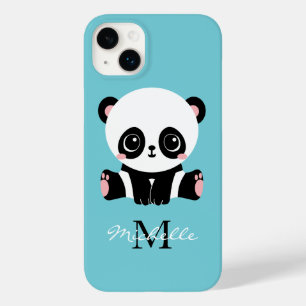 Coque Pour iPhone 14 Plus Monogram Cute Panda Personnalisé Bubble Gum Bleu
