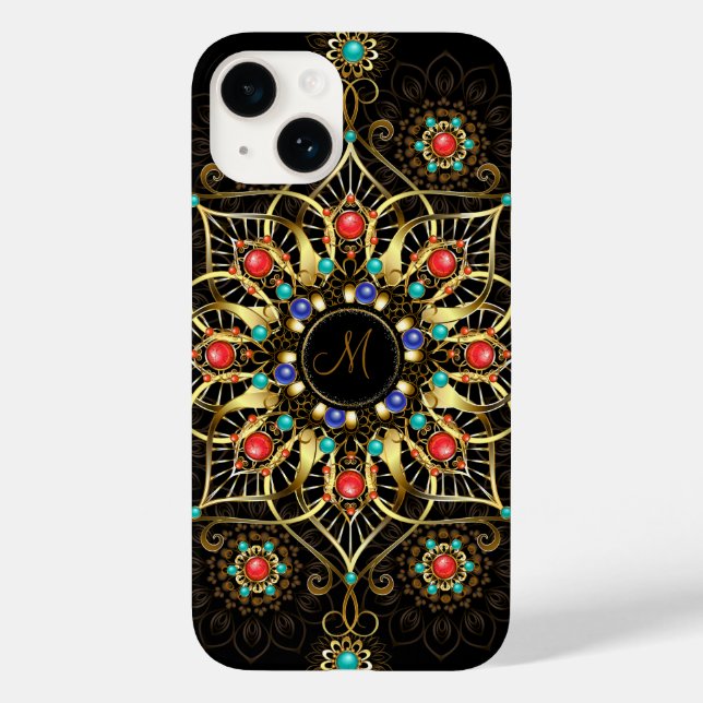 Coques Case-Mate iPhone Monogram Gold Turquiose Red Mandala Jewel (Verso)