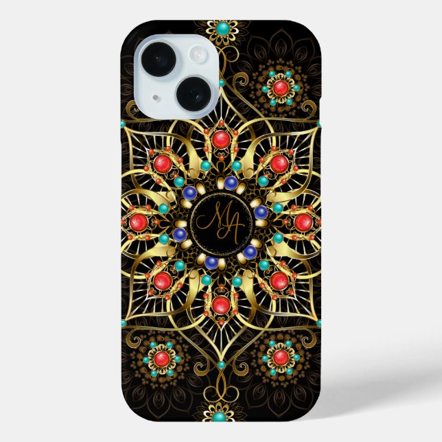 Coques Case-Mate iPhone Monogram Gold Turquiose Red Mandala Jewel (Verso)