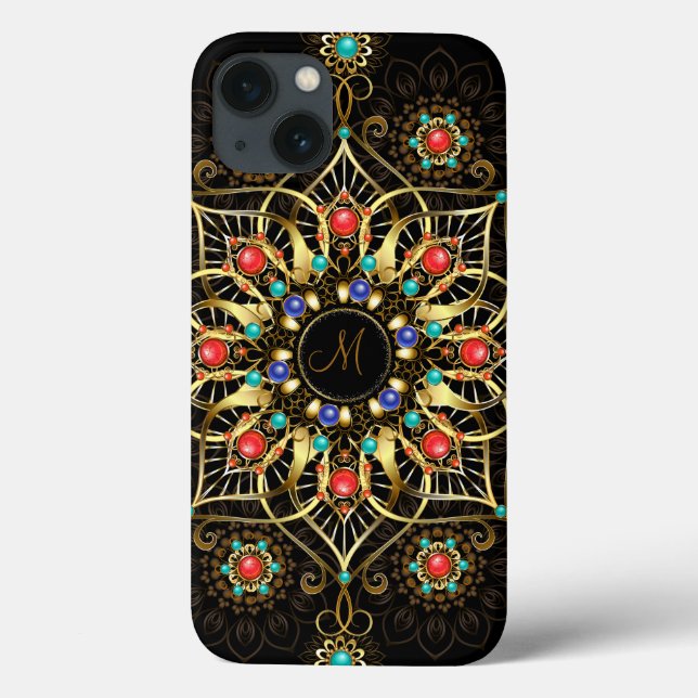 Coques Case-Mate iPhone Monogram Gold Turquiose Red Mandala Jewel (Verso)
