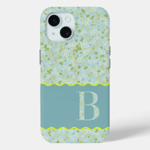 COQUE POUR iPhone 15 MONOGRAM INITIAL B ACQUA PETITES FLEURS