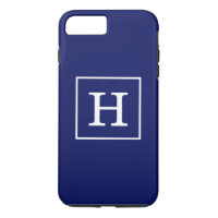 Monogram initial de la Navy Blue White Framed