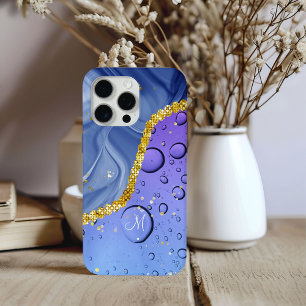 Coque iPhone 15 Pro Max Monogram M Glam Or Bleu & Gouttelettes Violettes