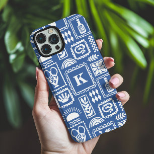 Coques iPhone 16 Pro Max Monogram Moderne Bleu Blanc Motif Abstrait