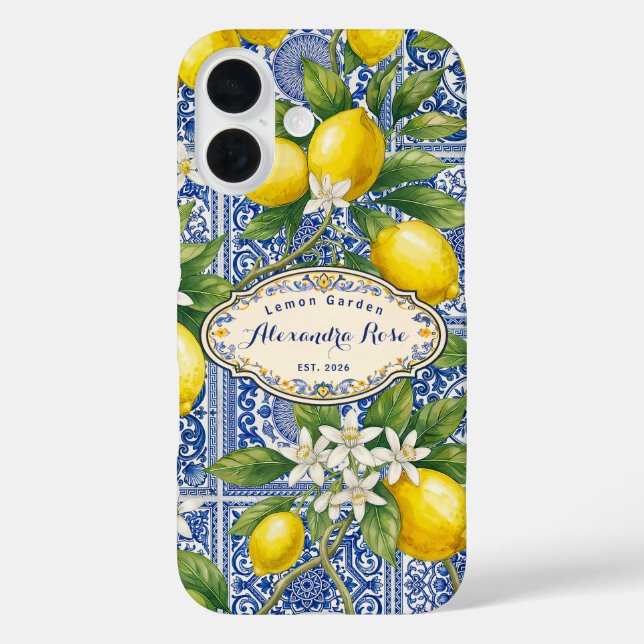 Coques Case-Mate iPhone Monogram Name Lemon Blue French Country Tile  (Verso)