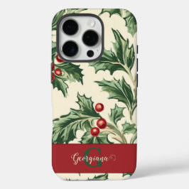 Coques iPhone 16 Pro Monogram Vintage Christmas Holly & Berries Motif