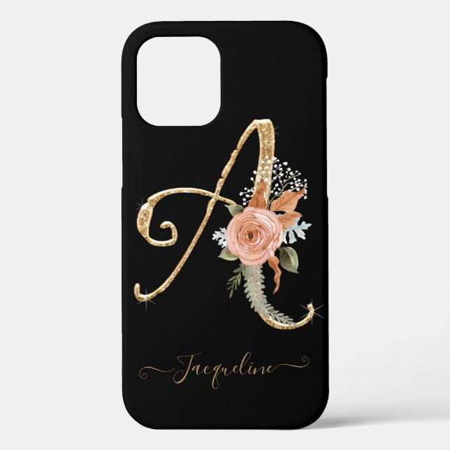 Coques Case-Mate iPhone Monogramme A Black Gold BOHO Pink Floraf (Verso)