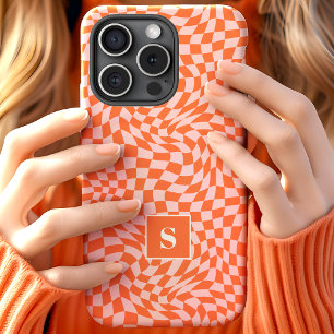 Coque Pour iPhone 15 Monogramme à carreaux ondulés orange et rose