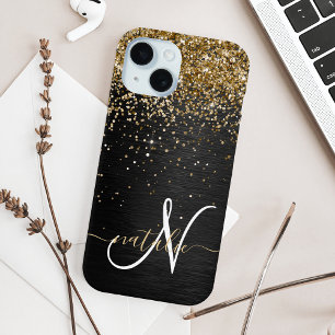 Coque Pour iPhone 15 Monogramme à étincelle noire à Parties scintillant