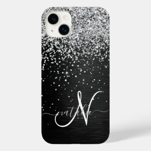 Coque Pour iPhone 14 Plus Monogramme à étincelle noire à Parties scintillant