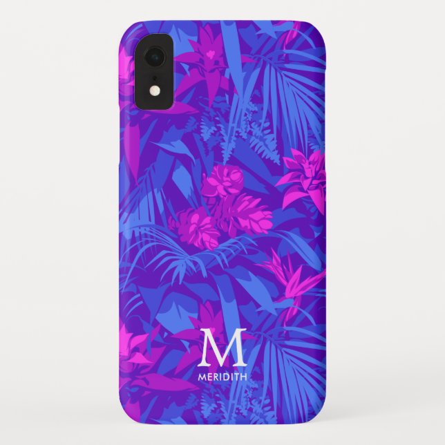 Coques Case-Mate iPhone Monogramme à feuilles tropicales roses et violette (Dos)