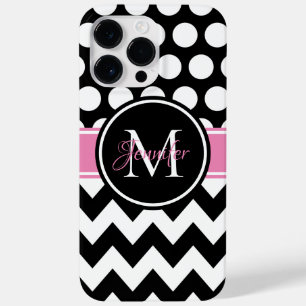Coque Pour Pour iPhone 14 Pro Max Monogramme à points noirs roses et blancs en chevr