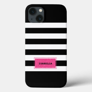 iPhone 13 Case Monogramme à rayures de preppy noir et rose