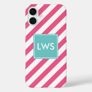 Coques iPhone 16 Plus Monogramme à rayures diagonales roses et aqua