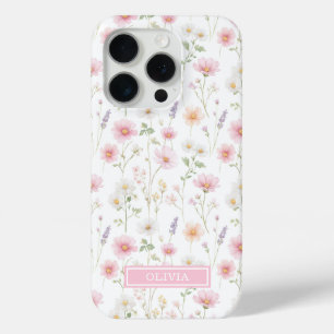 Coque iPhone 15 Pro Monogramme aquarelle de fleur sauvage rose